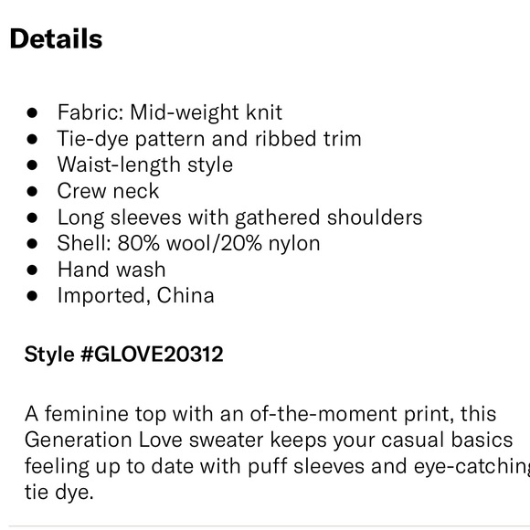 NWOT Generation Love Tyrell Tie Dye Burgundy/Cream Sweater w/ puff sleeve - SZ L - Picture 16 of 16